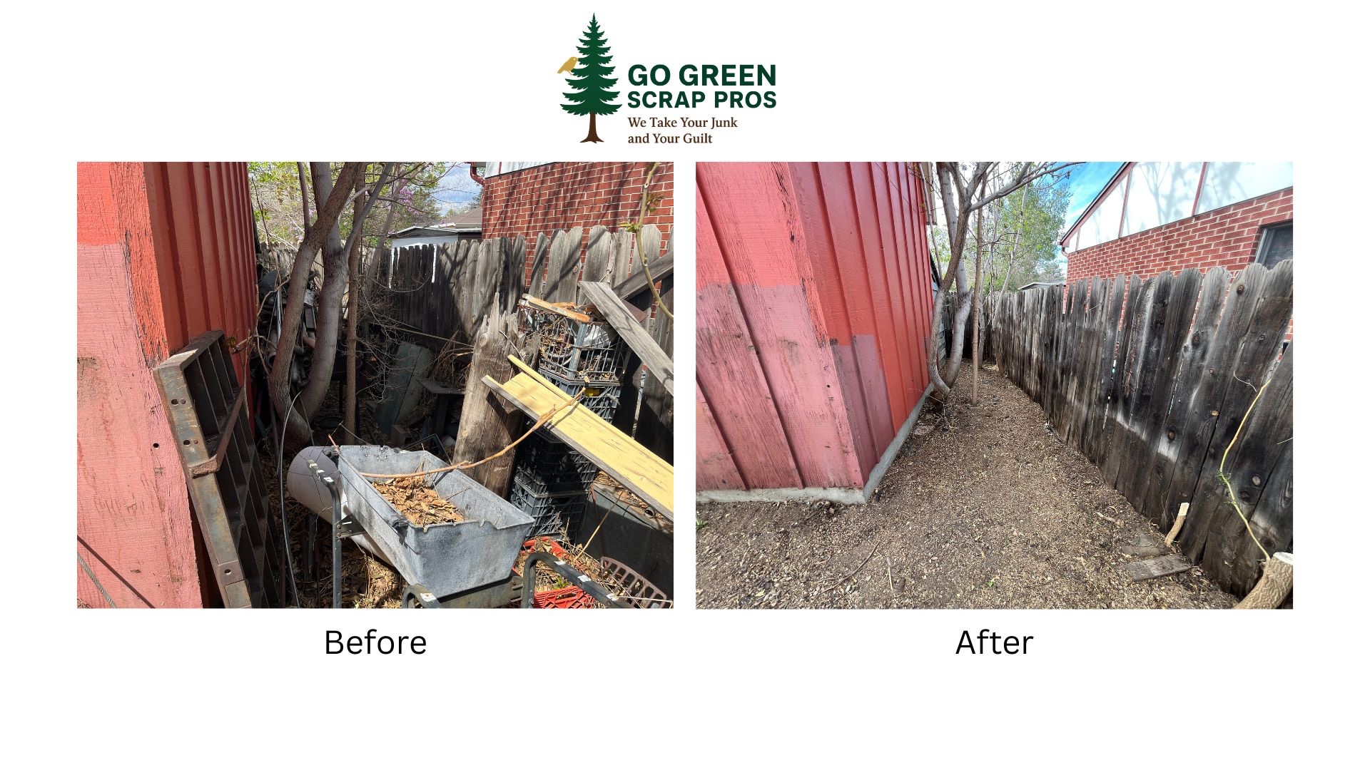Before and after of a narrow alley cleanout between the red house wall and wood fence in Northglenn