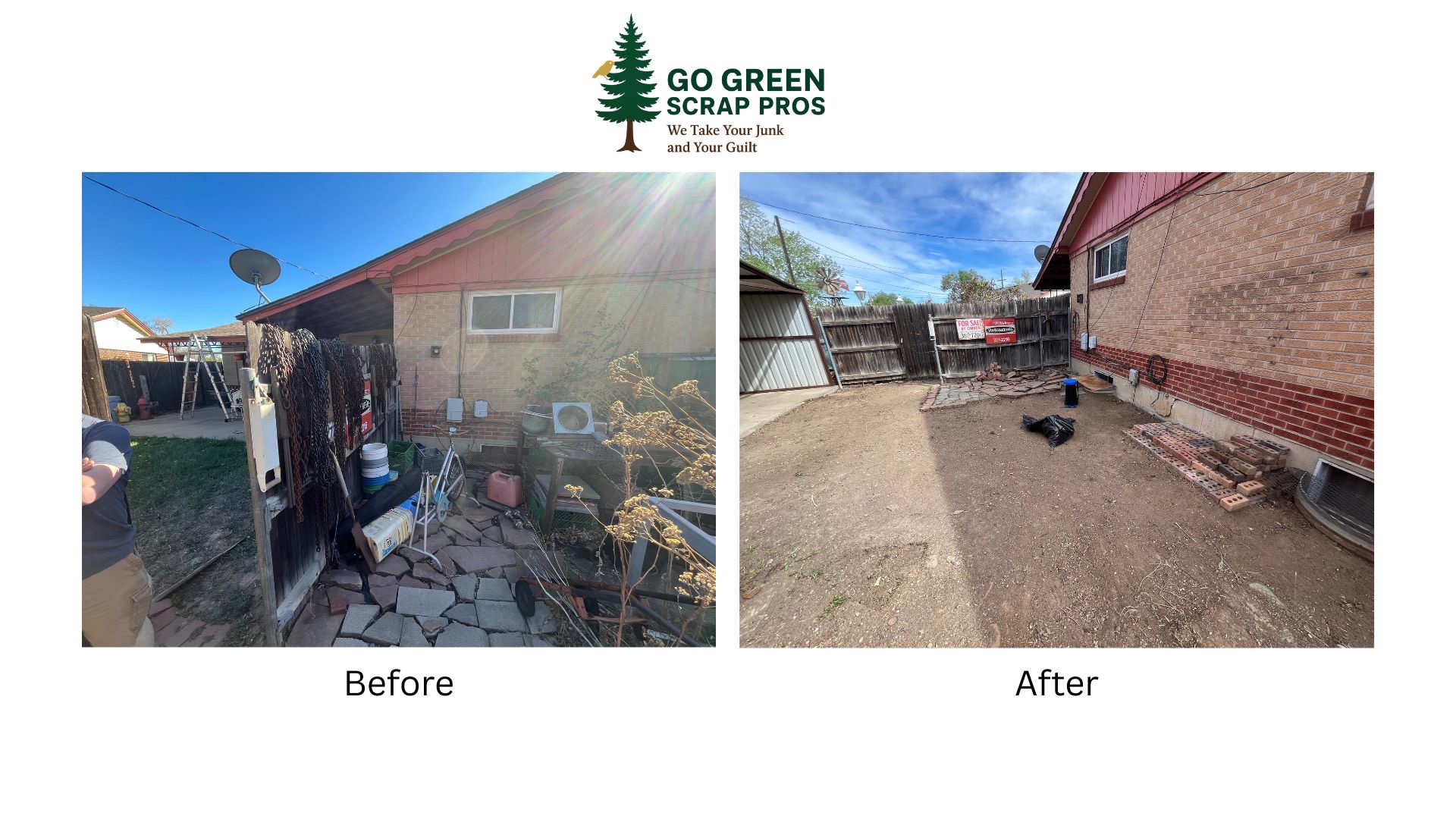 Before and after of back lot wide angle showing windmill, satellite dish, and chain stockpiles cleared