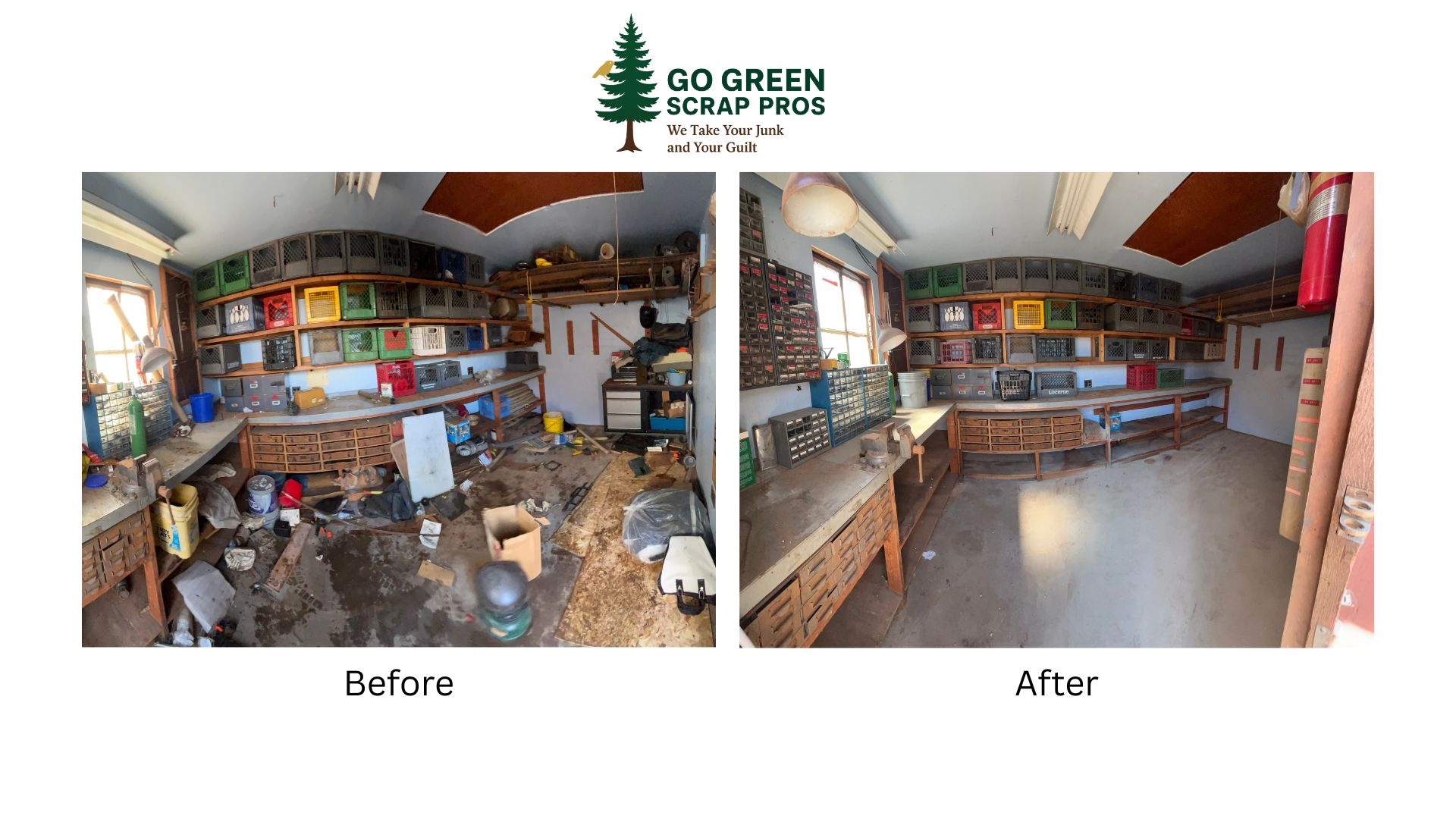 Before and after of on-site workshop cleanout preserving original built-in storage and crate parts wall